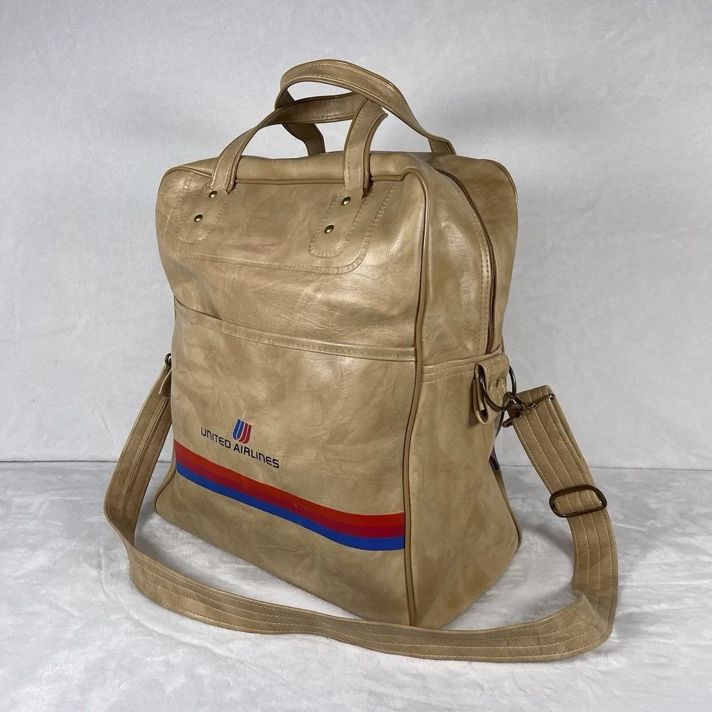Vintage 70s United Airlines Faux Leather Carry On Bag Tan Tulip Logo Exclusive - Picture 3 of 11